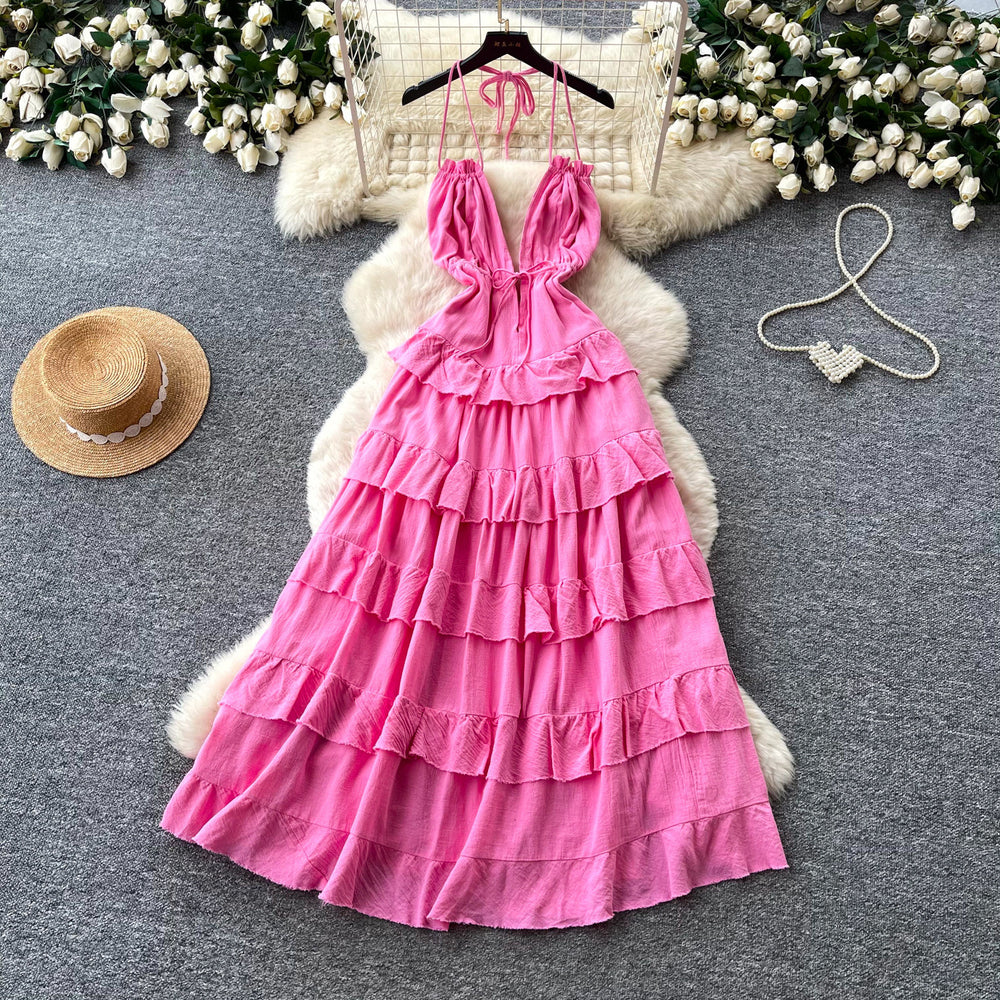 Luxury european and american style halter neck slip dress - women's summer deep v tie-waist exquisite high-end tiered maxi dress