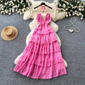 Luxury european and american style halter neck slip dress - women's summer deep v tie-waist exquisite high-end tiered maxi dress
