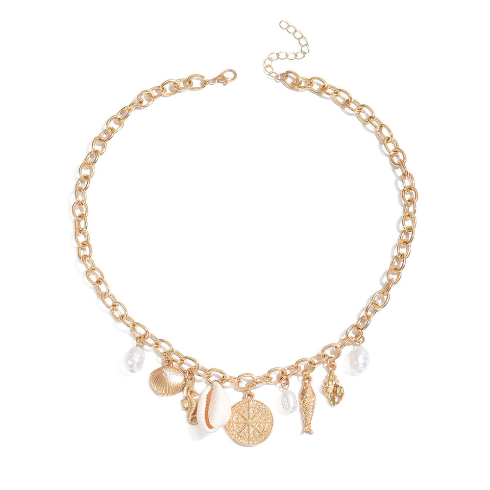Wholesale necklaces: european and american casual & vacation style, high-end seashell necklaces, faux pearl conch & seahorse disc pendants