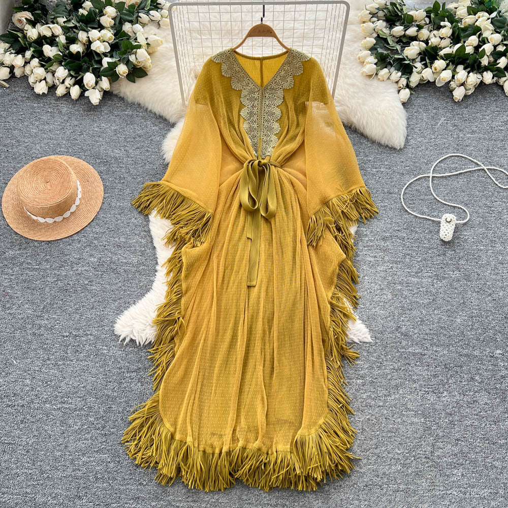 Fashionfashionableheavy industrylacepatchworkv neckbat sleeve strap waist dress women's vacation style tassel long skirt
