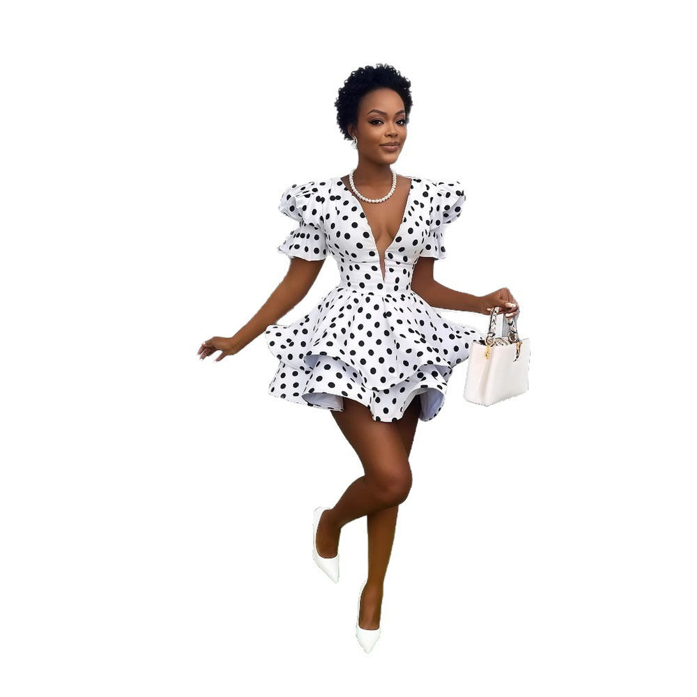European and american cross-border women's fashion:  summer new arrival - polka dot print, puff sleeve, deep v-neck, ruffle trim, short dress