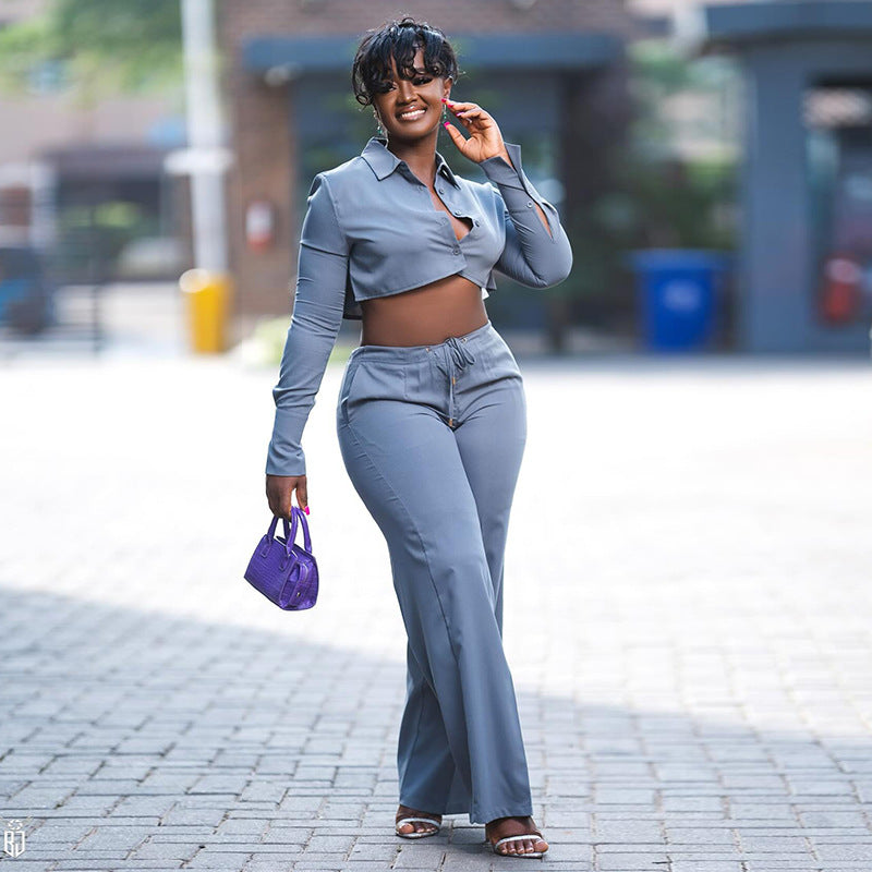 European and american style women's fall  new collection: sweet & fresh turn-down collar long sleeve cropped shirt and high-waisted straight-leg pants two-piece set