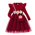 Girls' (toddler & little kid) dress, featuring 3d floral appliqués, ribbed knit paneling, mesh long sleeves, and includes a matching crossbody bag
