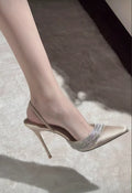 2024 winter new pointed-toe purple stiletto heel rhinestone ankle strap satin mules & slides for women