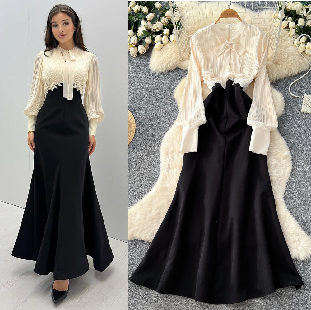 Light mature style bows strappy lantern sleeve tops high waist a-line skirt women's work clothingeleganttwo-piece setclassy sense