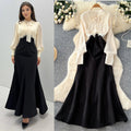 Light mature style bows strappy lantern sleeve tops high waist a-line skirt women's work clothingeleganttwo-piece setclassy sense