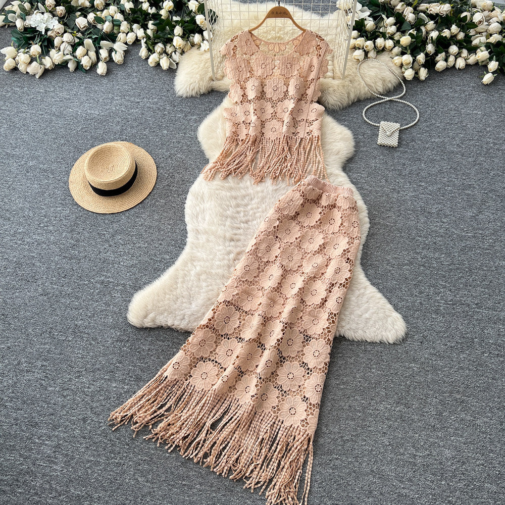 Retrolacecut outflowers tasseltwo-piece set women's summer pure desire sleeveless vest skirtelegantsuit