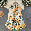 French chic elegant printed dress - women's summer  tie-waist slimming collared short sleeve shirt dress