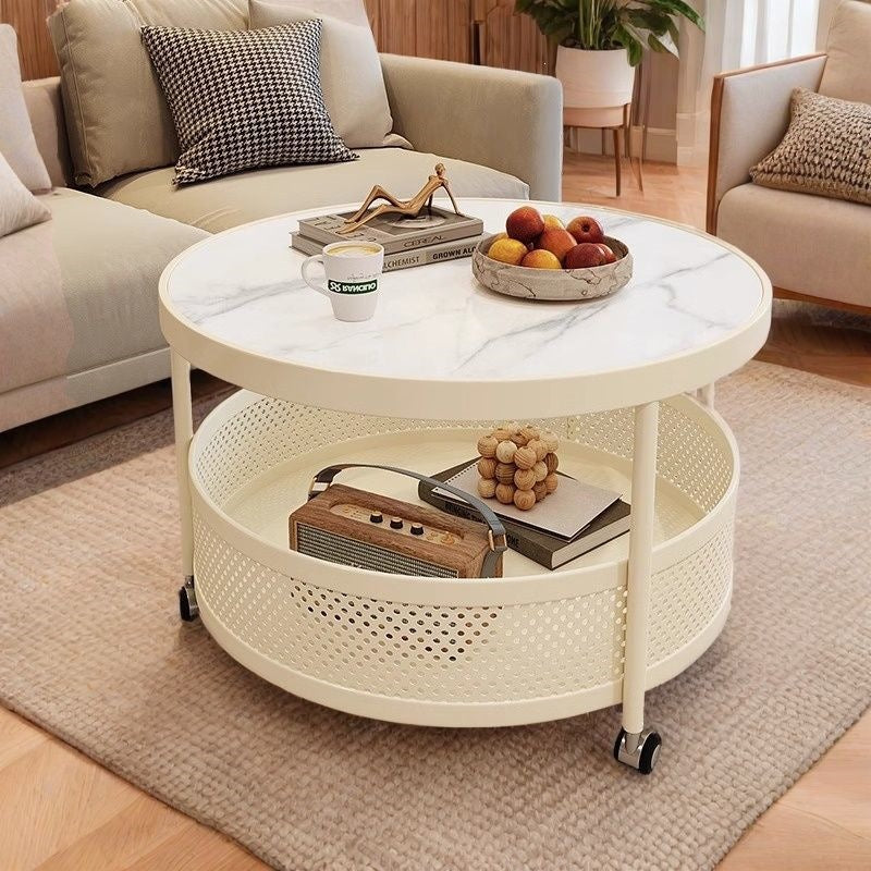 Cream style double-layer coffee table slate coffee table accessible luxury living room small apartment for home wheeled movable round table coffee table