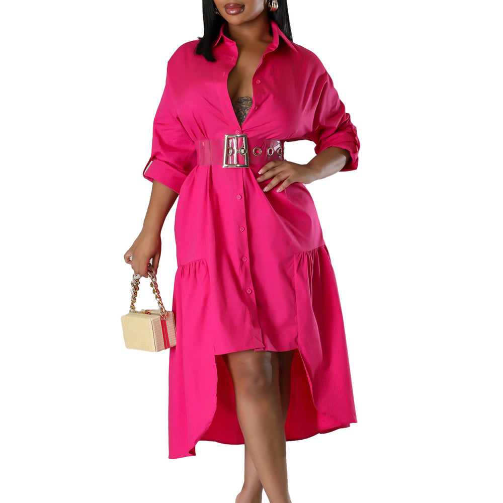 D3278export women's lapel pure colorfashionloosecasual button shirt skirt asymmetricalfashiondress