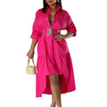 D3278export women's lapel pure colorfashionloosecasual button shirt skirt asymmetricalfashiondress