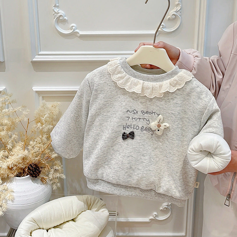 Girls' autumn/winter three-layer quilted padded sweatshirt, korean style trendy top, baby girl long-sleeved warm base layer