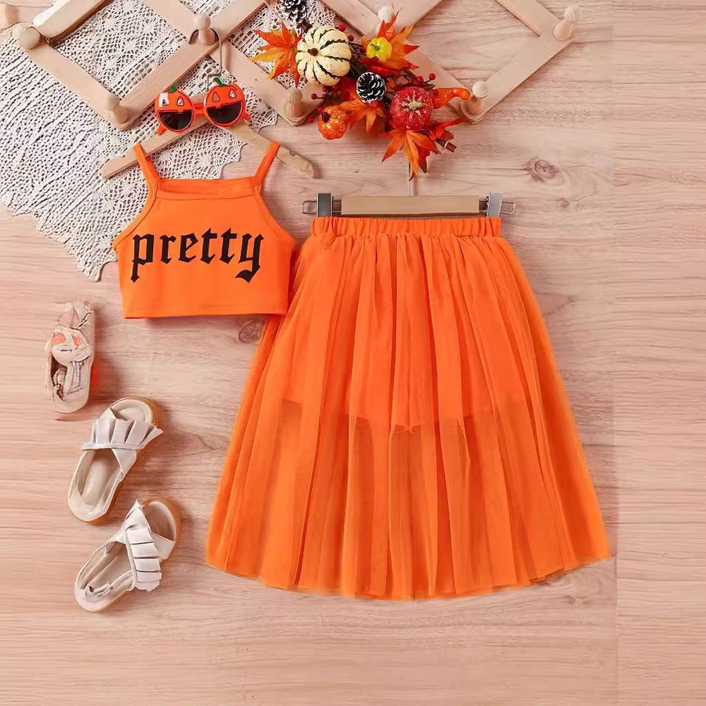 european and american style cross-border girls' printed camisole top + mesh skirt set (includes big kids' sizes)