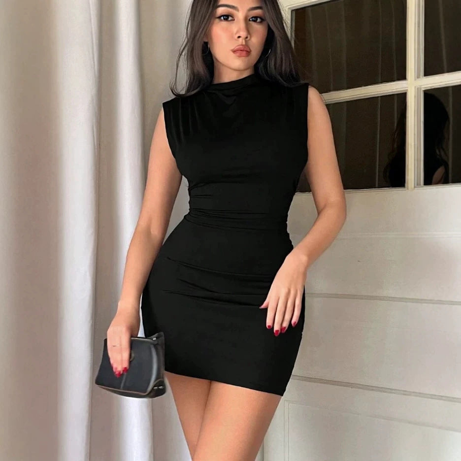 Solid color ruched bodycon sleeveless dress, women's summer sexy bodycon dress