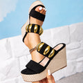 Women's chunky heel sandals - black metal accent, elegant slip-on casual sandals