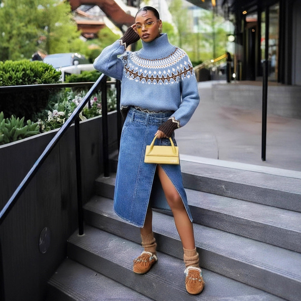 fall/winter high neck jacquard sweater - european & american retro color block ethnic style knit top - fashionable, loose fit, warm top