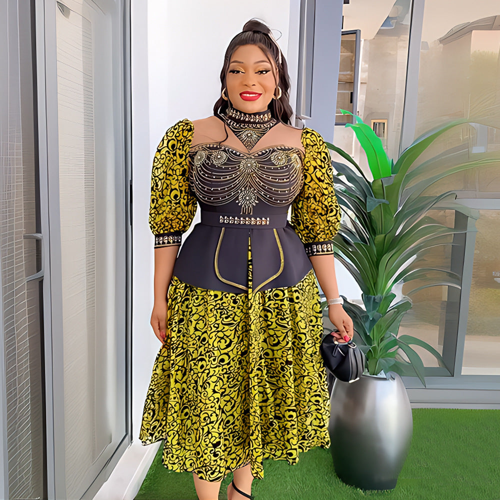 Fashion cross-border export women's clothing plus size african  hot diamond bubble beads waist slimming looklacepatchworkdress