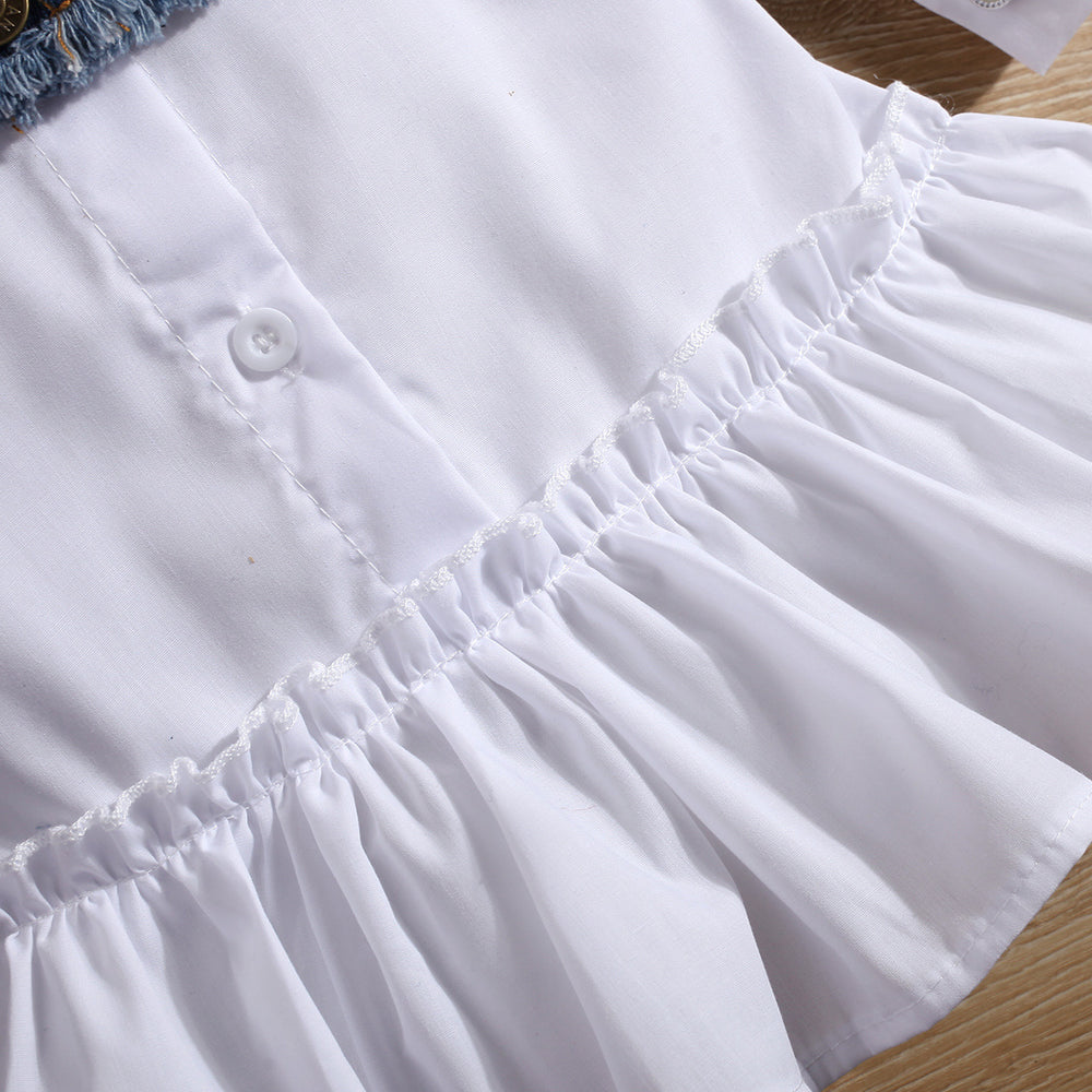 spring/autumn children's export lapel shirt dress for girls with ruffle trim, denim vest two-piece set