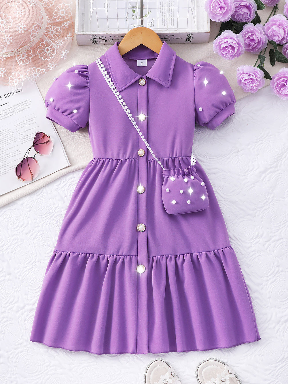 Girls' dress, solid color dress with pearl sleeves + pearl crossbody bag