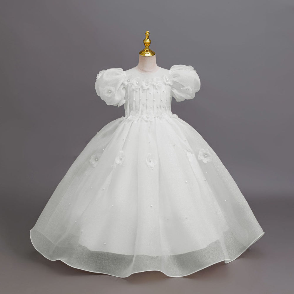Ready-to-ship children's formal dress: bubble sleeve floral wedding dress, princess party dress for girls
