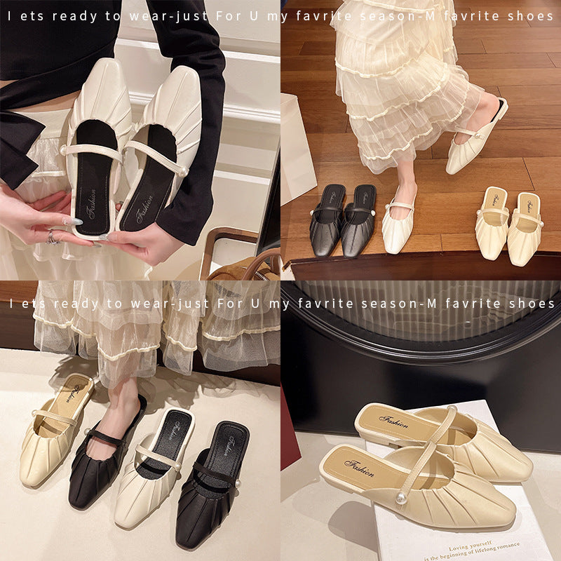 Retroeasiest for match toe half drag pleated half bag slippers women 2025french soft bottom slip-on fairy flats women