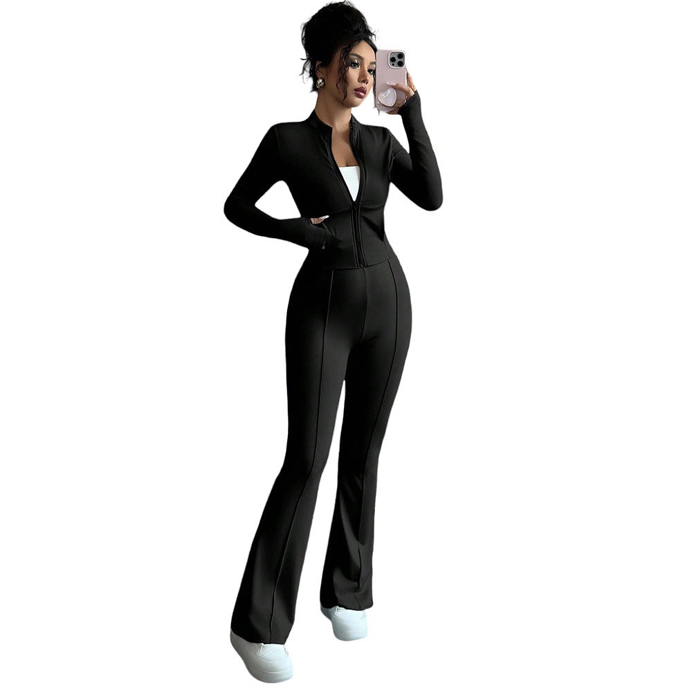 European and american cross-border e-commerce black slim-fit zip-up stand collar top and flare pants fashion two-piece set for women