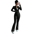 European and american cross-border e-commerce black slim-fit zip-up stand collar top and flare pants fashion two-piece set for women