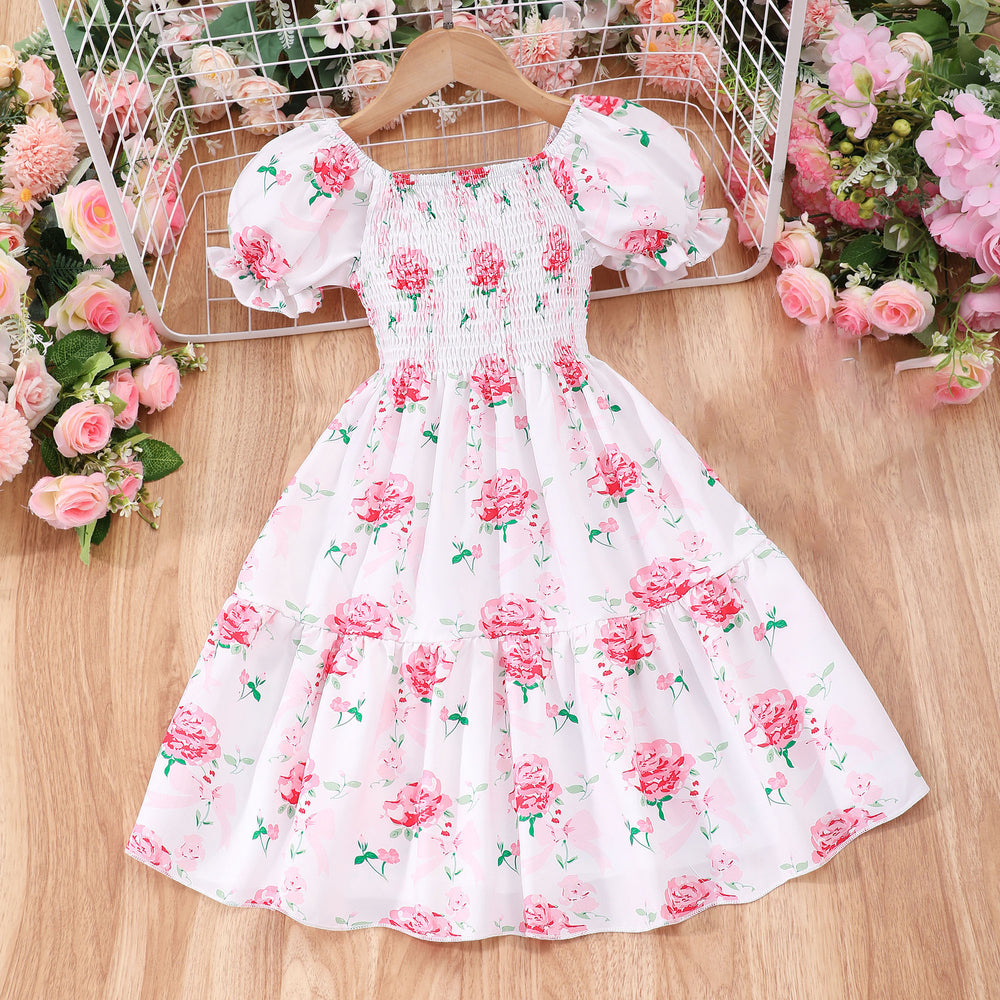 Kids' short-sleeve printed smocked dress - fresh & sweet country style