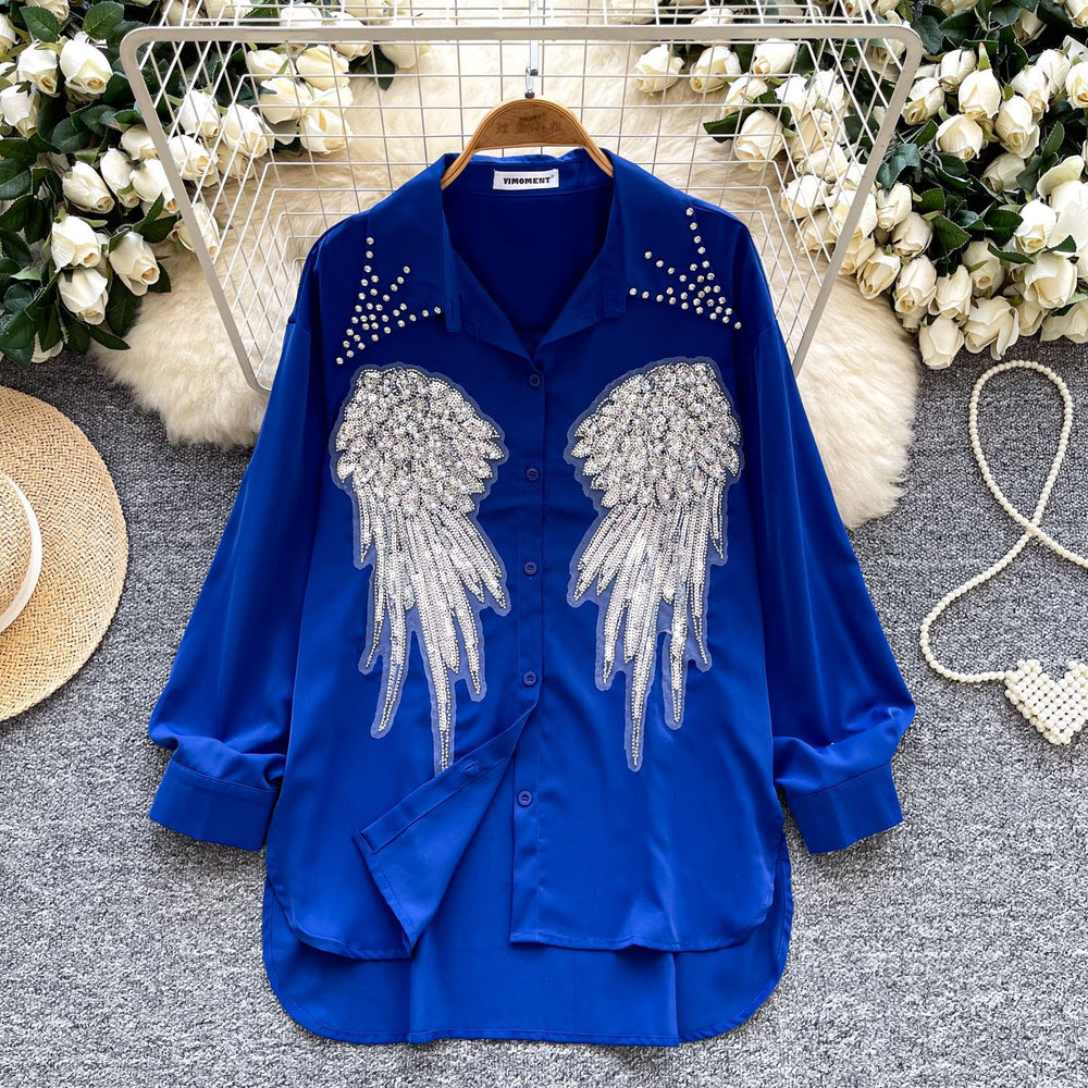 Classy heavy industry diamond-encrusted polo collar long sleevesshirt women's looseslimming lookcasualsequinembroider single-breasted tops
