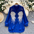 Classy heavy industry diamond-encrusted polo collar long sleevesshirt women's looseslimming lookcasualsequinembroider single-breasted tops