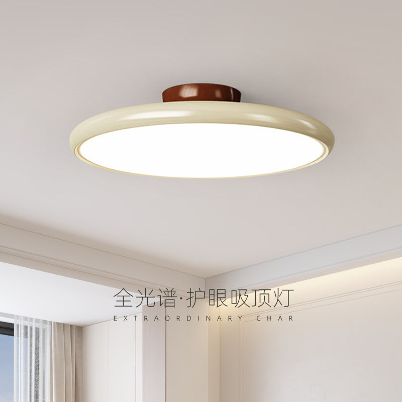 Raw wood style milky white double-layer round ceiling light with walnut wood base - ideal for condo apartments, b&bs, and kids' bedrooms