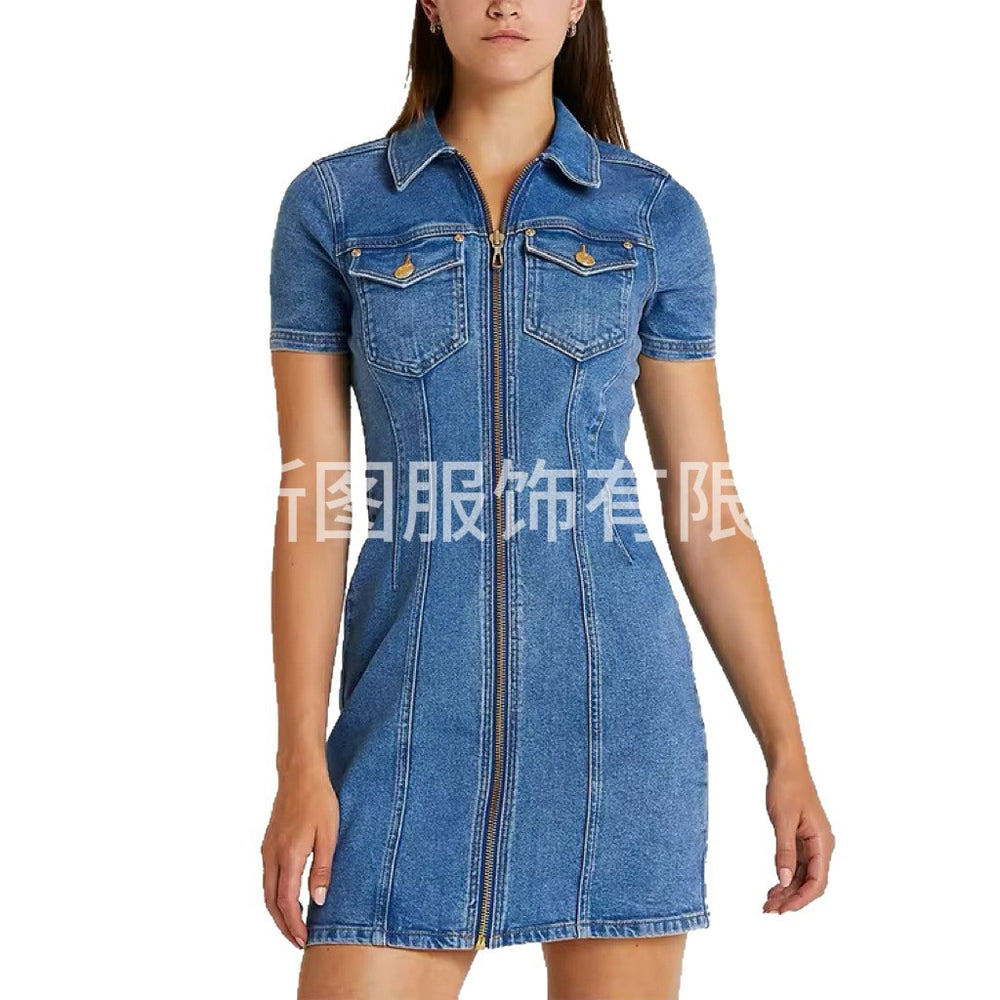 new summer european and american fashion trend lapel denim dress