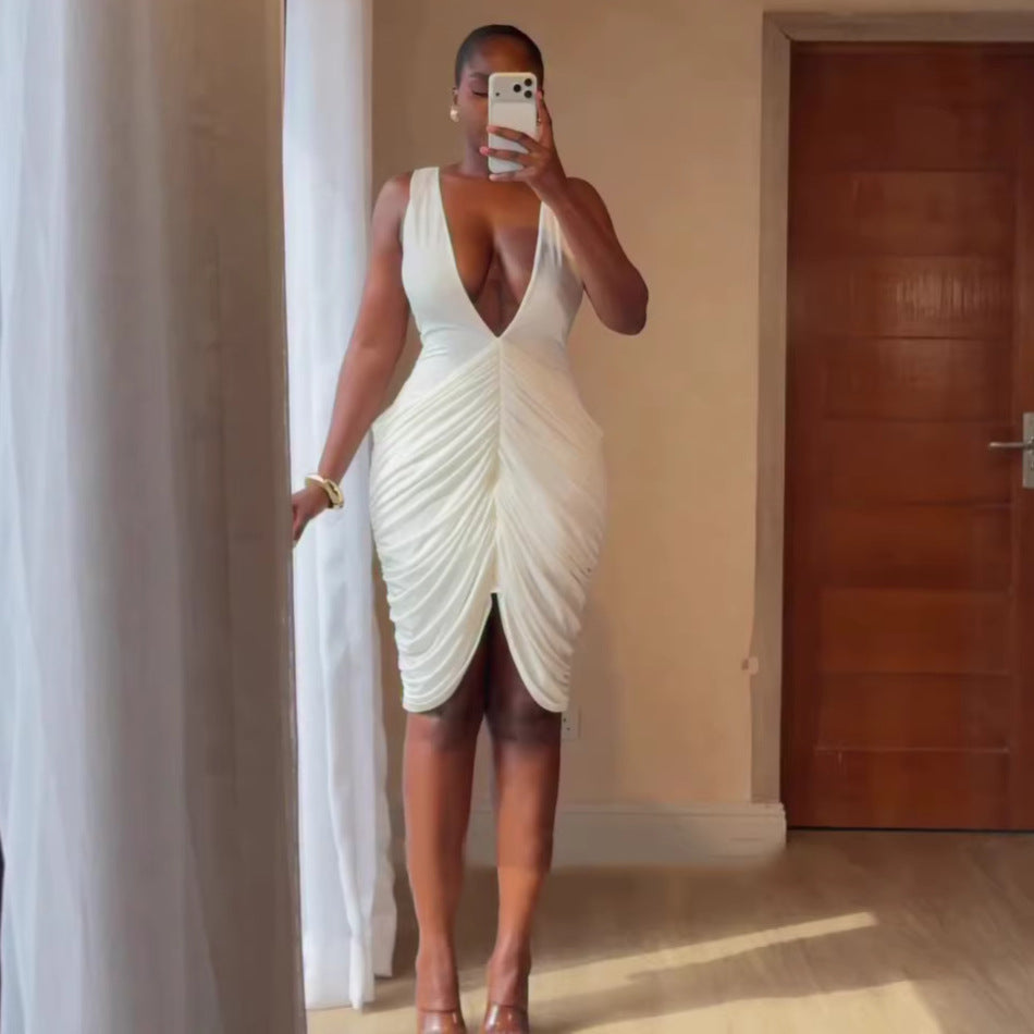 European and american cross-border women's fashion:  summer new arrivals - sexy and elegant deep v-neck sleeveless ruched bodycon mini dress