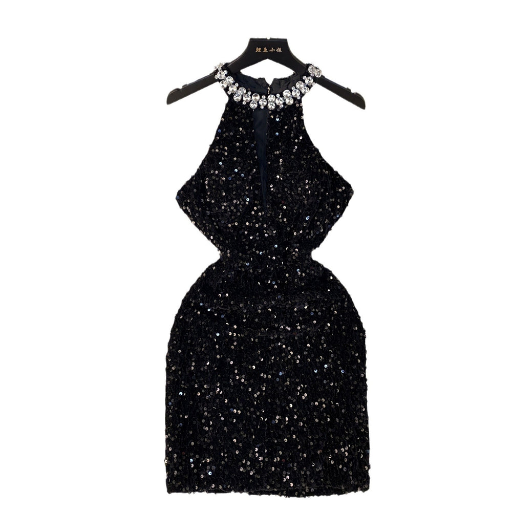 Accessible luxury qianjin style classy halter dress women's summer sequin diamond design niche style socialite elegant hip covering skirt