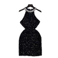 Accessible luxury qianjin style classy halter dress women's summer sequin diamond design niche style socialite elegant hip covering skirt
