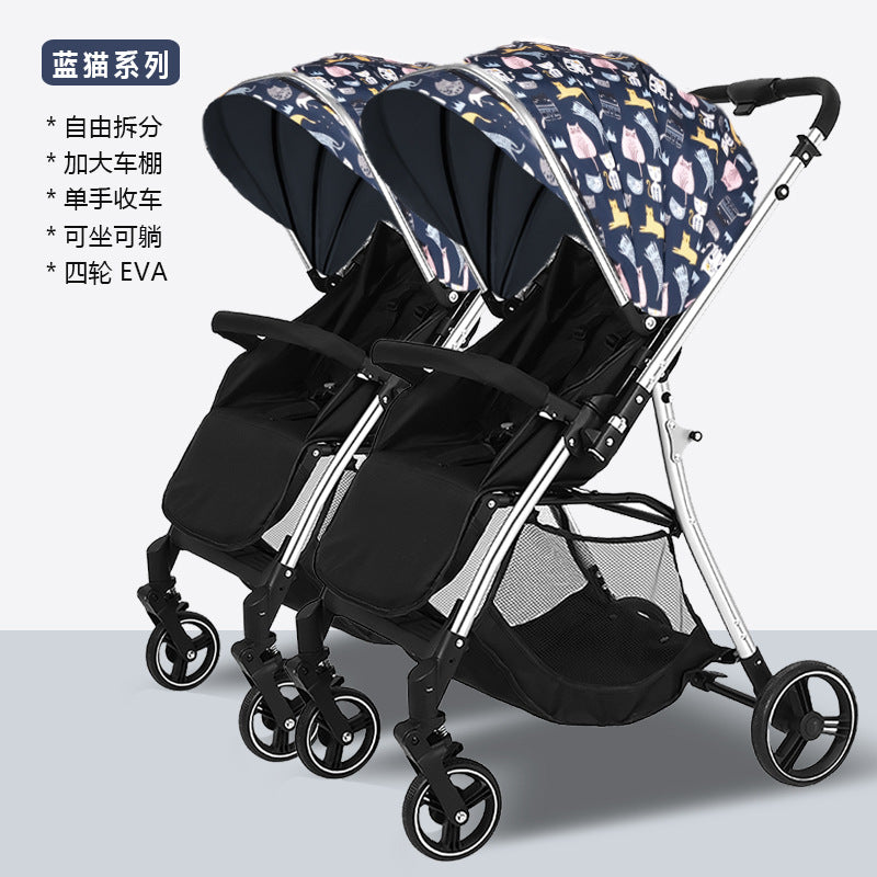 Twin stroller - lightweight, high-view, portable, convertible (sitting/reclining), detachable, double baby stroller, foldable, universal fit