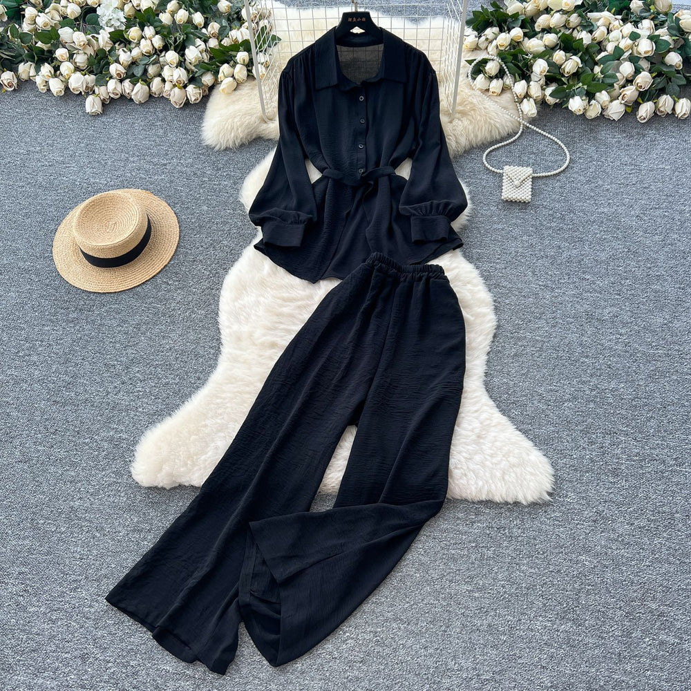 Light mature style casual strappy waist long sleeves single-breasted shirt women's high waist wide-leg straight-leg pants loose two-piece set