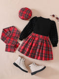 fashionpreppy style girlsuitbubble long sleeves round neck bowsplaid skirt scarf beretsuit