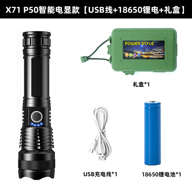 Cross-border XHP50 strong light flashlight USB charging aluminum alloy multi-function outdoor telescopic zoom waterproof flashlight