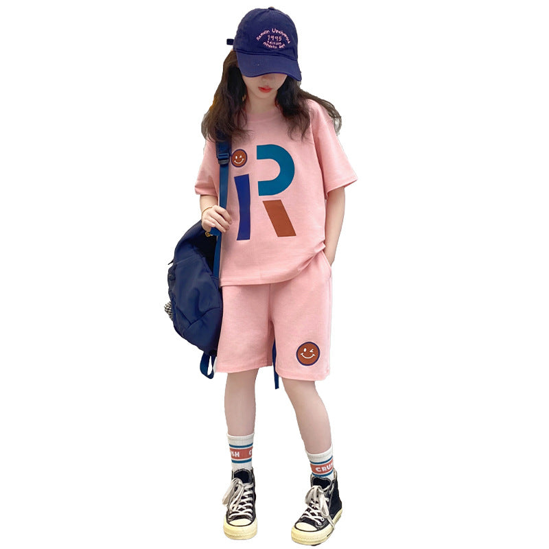 Girls' summer loose-fit short sleeve & shorts two-piece set -  new korean style girls' activewear top & shorts outfit