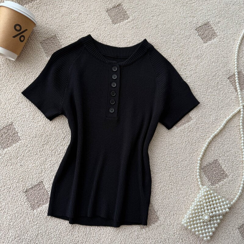 Old money style knittingcasualpure colorcasual women's summereasiest for matchslimming look single breastedv neckwork clothingtops multi-color