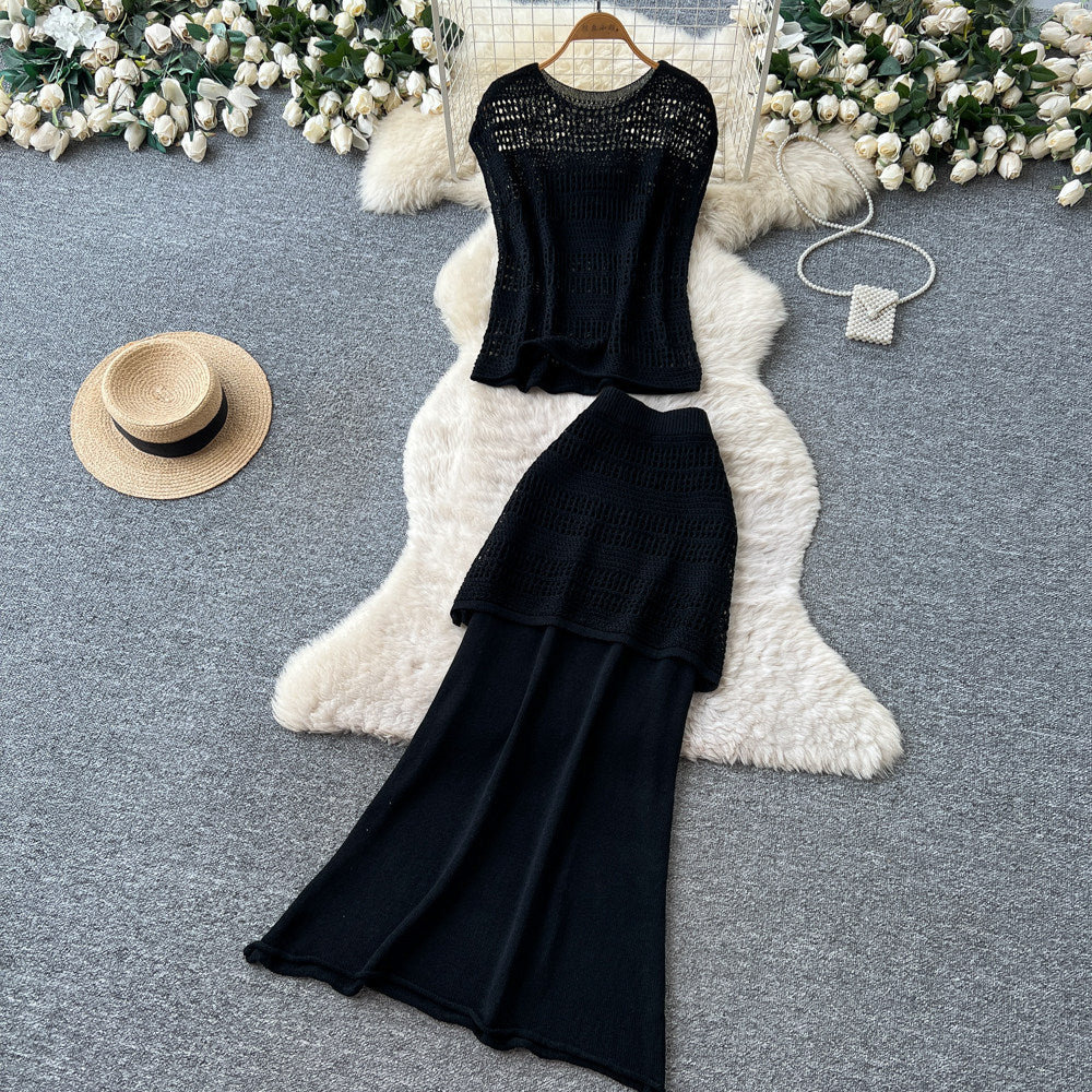 Lazy style cut outknitting skirt two-piece set women's summersense of design silmslimming lookclassy sense work clothingsuit