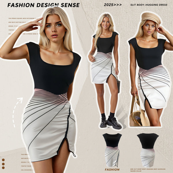 HE108 European and American  women's clothing is fashionable and sexy, sleeveless square collar contrasting colors, slim-fitting side split hip wrap dress short