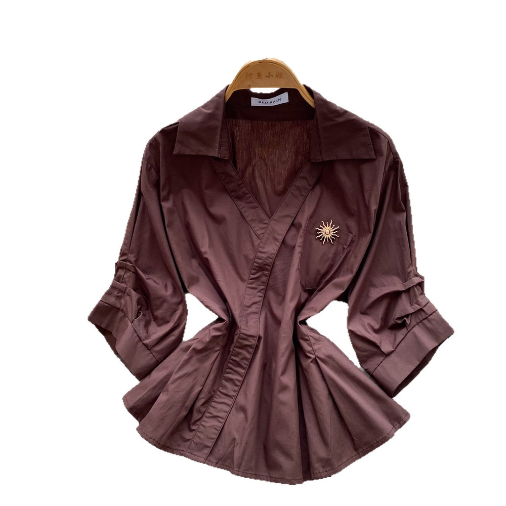 Korean style orange skin-friendly breathable casual fitted shirt - women's summer long sleeve commute style, slimming and figure-flattering top
