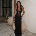 European and american women's clothing  winter new fashion deep v lace patchwork hollow-out waist-defining backless halter dress