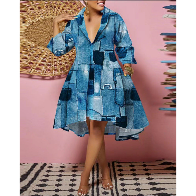 Fashion cross-border independent station  new arrival shirt collar loosefashionprintingdress for women