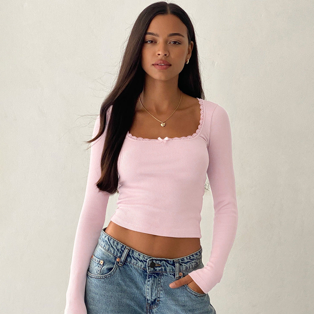 European and american style  new solid color bowknot lace cropped t-shirt, fashionable versatile long sleeve slim fit top for women
