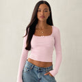 European and american style  new solid color bowknot lace cropped t-shirt, fashionable versatile long sleeve slim fit top for women