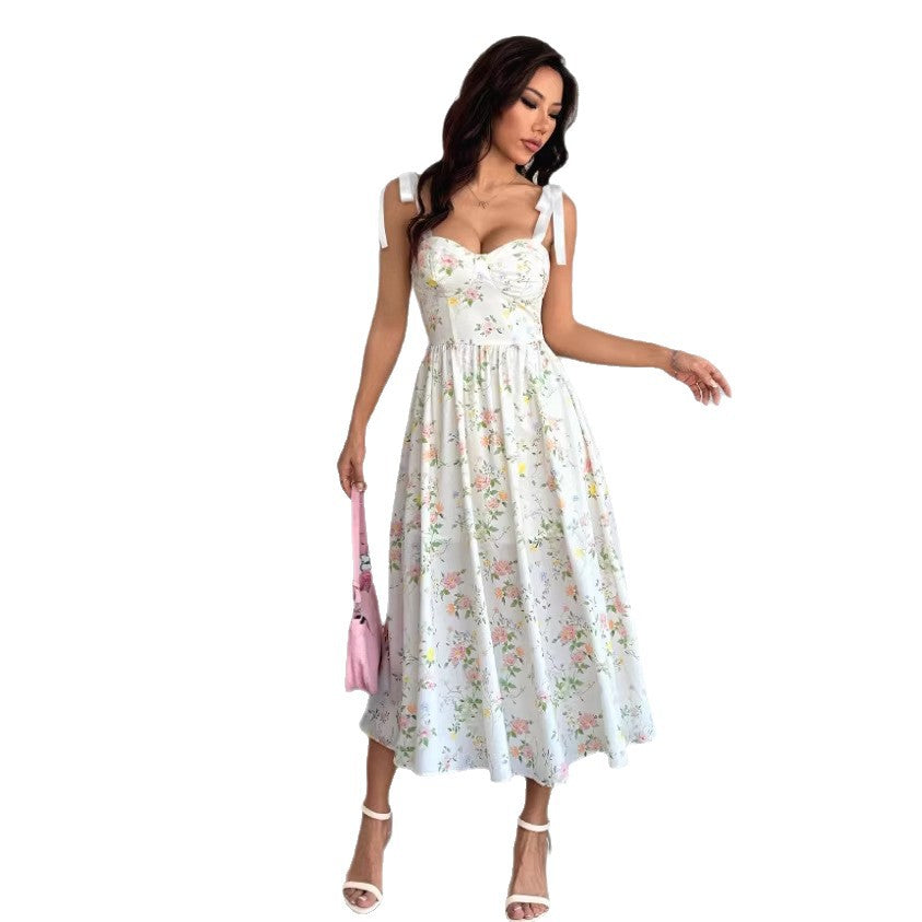 French chic vacation style sweetheart floral sundress - new summer collection, slimming fit, high-end feel, long dress