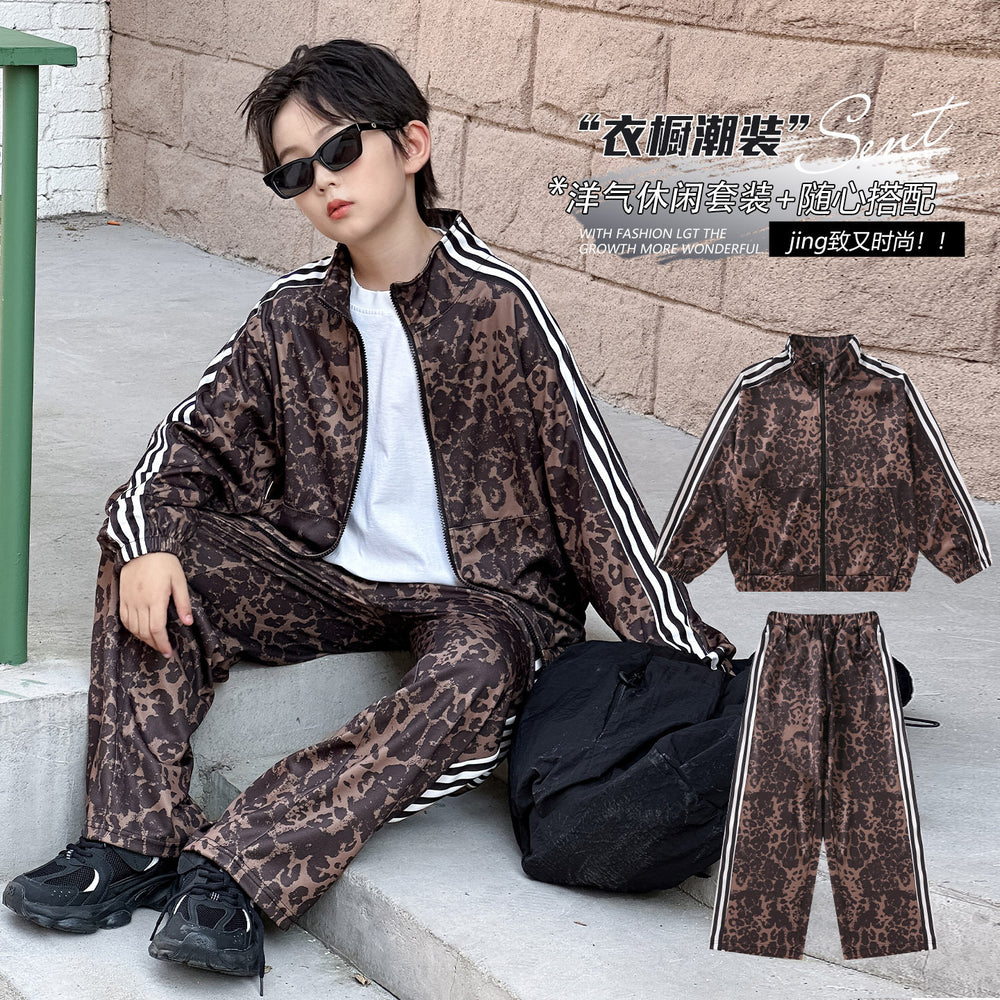 boys' casual cardigan two-piece set: trendy new fashion leopard print loose fit spring/autumn outfit for older boys